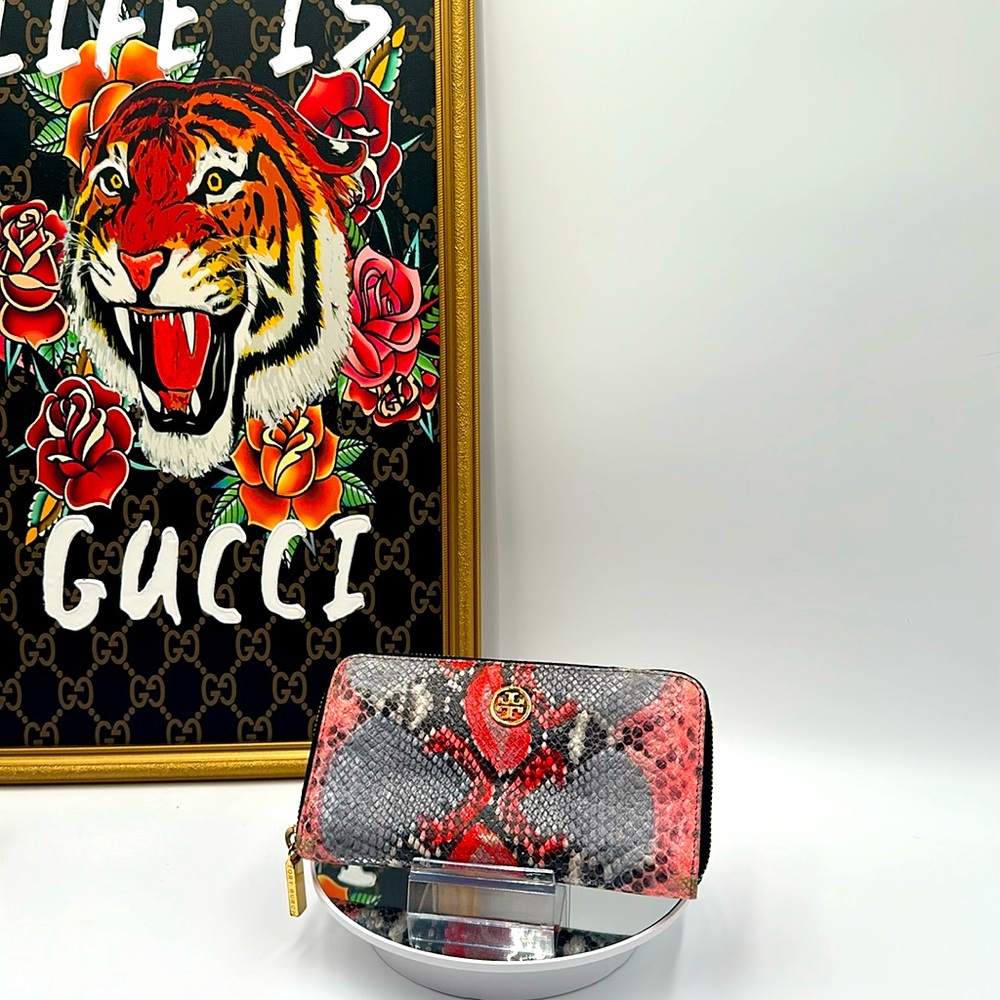 Tory Burch Zipper Wallet Snakeskin Neon Print